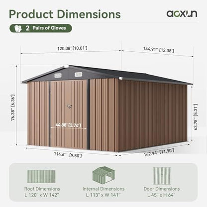 10 x 12FT Outdoor Storage Shed with Double Hinged Large Door (10'x12' / Brown)