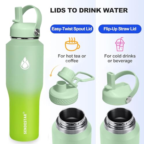 32oz Water Bottle Wide Mouth Stainless Steel Vacuum Insulated Double Wall with 2 Straw Lids Fit in Any Car Cup Holder (Neon / 32 Ounces)
