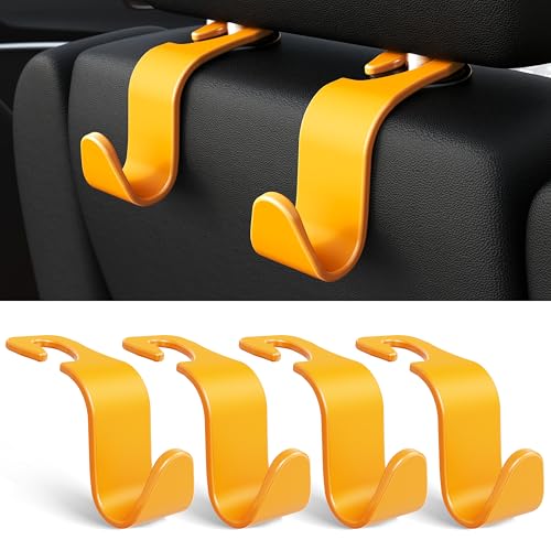 4 Pack Car Headrest Hooks Holds 55lbs Seat Storage Organizer for Bags (Yellow)
