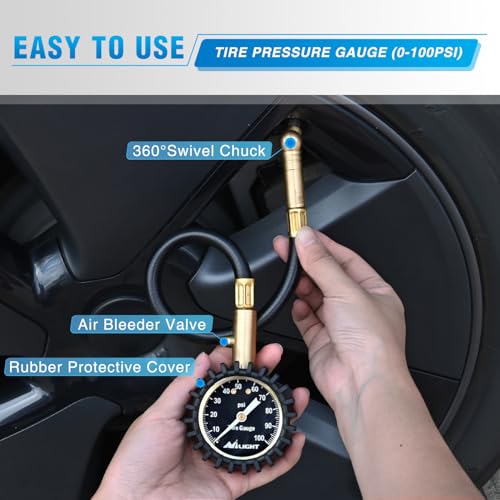 100PSI Tire Pressure Gauge Glow Dial 14" Extended Hose (Night Glow Tire Gauge)
