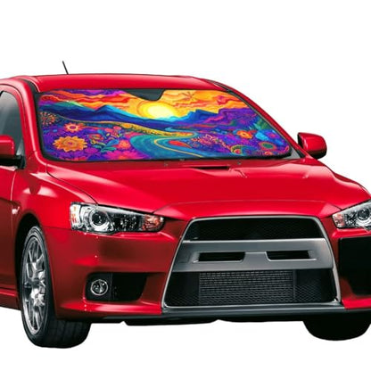Abstract Flower Sunrise Car Sun Shade Windshield Sunshade Foldable Front Window Shield Cover for Truck SUV (Blue2 / Small)