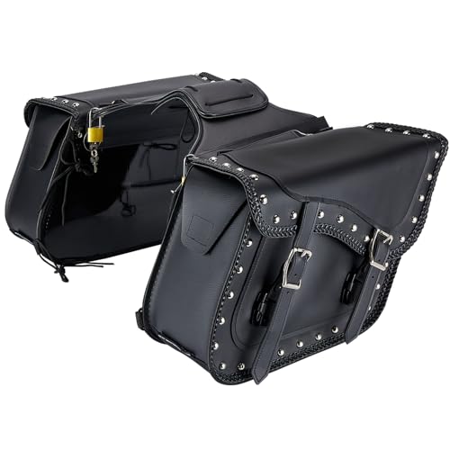 Naked Cowhide Leather Motorcycle Saddle Bags Studded Throw Over Saddlebags (Black 31L Studded & Braided)