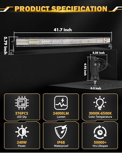 42 Inch LED Light Bar 240W Curved 6 Modes Amber White Strobe Lights (Amber White 42" Curved)