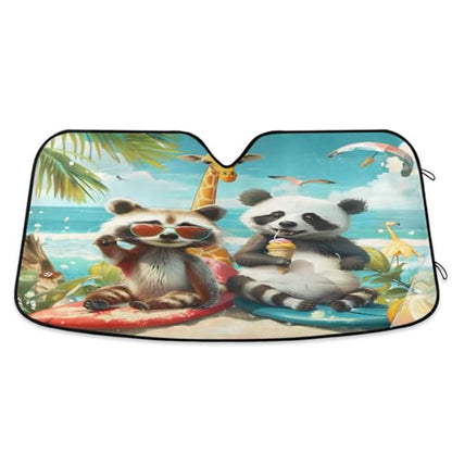 Car Windshield Sun Shade Raccoon Surfer and Sloth Panda Foldable Car Front Windshield Sunshade Blocks UV Rays Sun Visor Sun Heat Protection for Car Truck SUV to Keep Your Vehicle Cool (Medium / Raccoon Surfer and Sloth Panda)