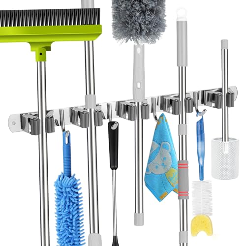 2 Pack] 5 Racks and 4 Hooks Mop and Broom Holder Wall Mount (5 Racks 4 Hooks 2 Packs / Silver)