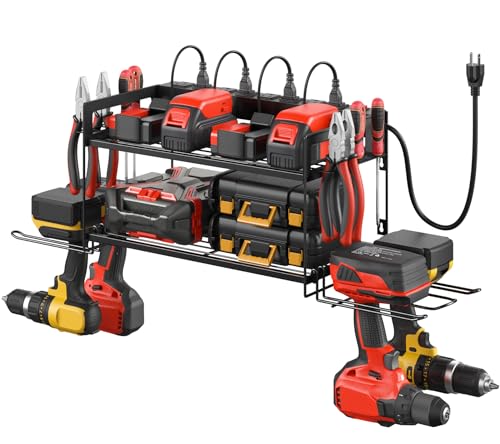 Garage Tools Storage with Charging Station. Power Tool Battery Organizer Utility Shelf with Power Strip. 4 Drills Holder Wall Mount Rack (Small / 2 Layer)
