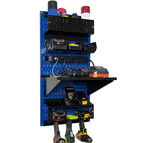 Power Tool Storage Organizer Kit Cordless Drill Holder Charging Station Rack 16” x 32” Metal Pegboard Organization System (Blue Pegboard)