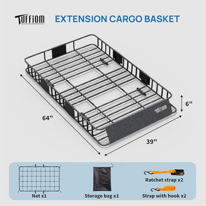 250lbs 64 x 39 x 6 inch Extendable Roof Top Cargo Carrier Basket w (64"x39"x6"(w/Net+Bag+Footrest+Straps))