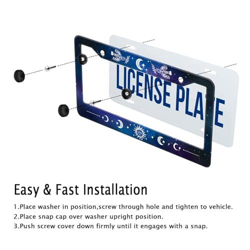 Galaxy License Plate Frame Sun Doves Moon Phase Blue Starry Sky Night Car Tag Holders Cover Metal Aluminum Rustproof Star Car Accessories for Women with Screw Caps (Starry Sky Sun Moon)