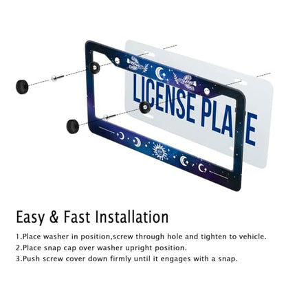 Galaxy License Plate Frame Sun Doves Moon Phase Blue Starry Sky Night Car Tag Holders Cover Metal Aluminum Rustproof Star Car Accessories for Women with Screw Caps (Starry Sky Sun Moon)