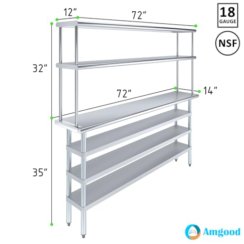 14" x 72" Stainless Steel Work Table with 3 Shelves and 12" Wide Double Tier Overshelf (14" x 72" Table with 3 Shelves + 12" Overshelf)