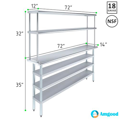 14" x 72" Stainless Steel Work Table with 3 Shelves and 12" Wide Double Tier Overshelf (14" x 72" Table with 3 Shelves + 12" Overshelf)