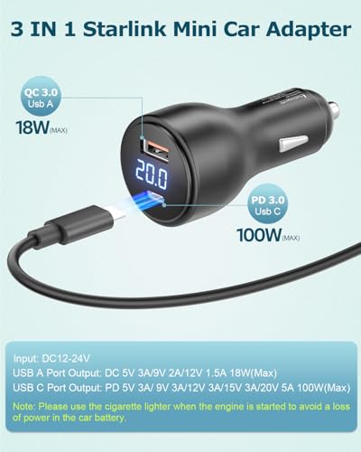 3 in 1 Starlink Mini Car Adapter 10FT 12V to 20V Cigarette Lighter Adapter (3M)