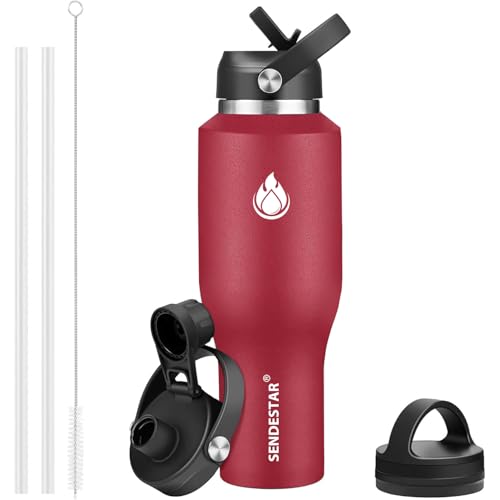 40oz Water Bottle Wide Mouth Stainless Steel Vacuum Insulated Double Wall with Straw Lids Fit in Any Car Cup Holder (Red / 40 Ounces)