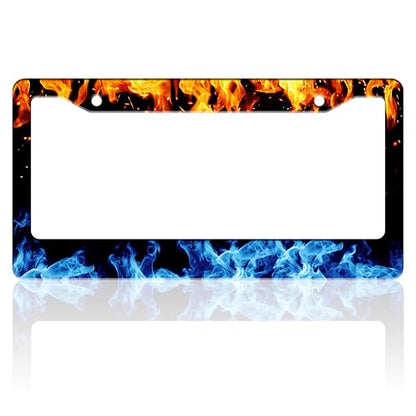 Red and Blue Flames License Plate Frame Stainless Steel 6.3 X 12.2 Inch (Red And Blue Flames)