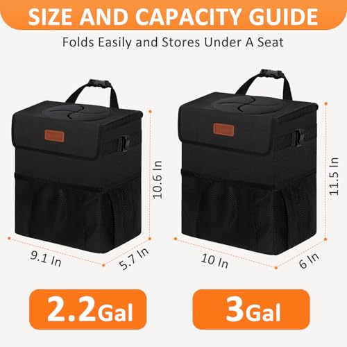 Car Trash Can with Lid Leak Proof Car Accessories for Women (3 Gallons / Black)