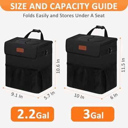 Car Trash Can with Lid Leak Proof Car Accessories for Women (3 Gallons / Black)
