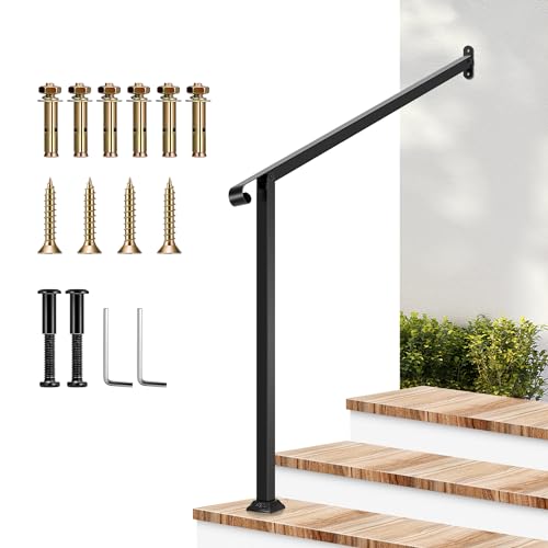 3 Step Stair Handrail 40"x39" Wrought Iron with 1 Curved End Black (Black / 3 Steps)