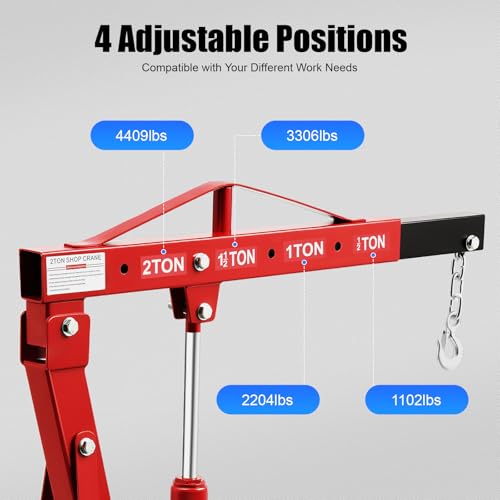 Folding Engine Hoist 1 Ton Engine Crane Lift with 6 Caster Wheels 2200LBS Steel Hydraulic Engine Crane 4 Adjustable Positions for Car Fixing Workshops Garages Warehouse (Red 2T)