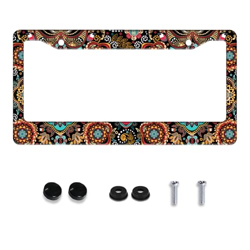 Mandala Flowers Boho License Plate Frame Stainless Steel 2Holes with Screws (Floral Print)