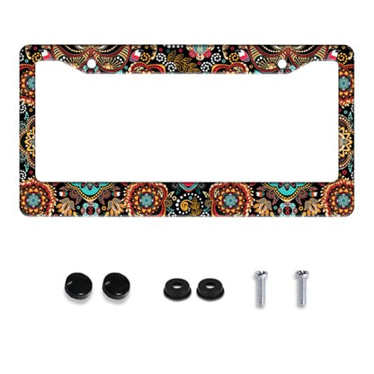 Mandala Flowers Boho License Plate Frame Stainless Steel 2Holes with Screws (Floral Print)