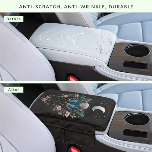 Butterfly Flower Moon Black Car Center Console Cover Comfortable Armrest Box Mat Hand Rest Pillow for Car Seat Organizer Arm Rest Cushion Protective Cover Car Interior Decor (Butterfly Flower Moon Black)