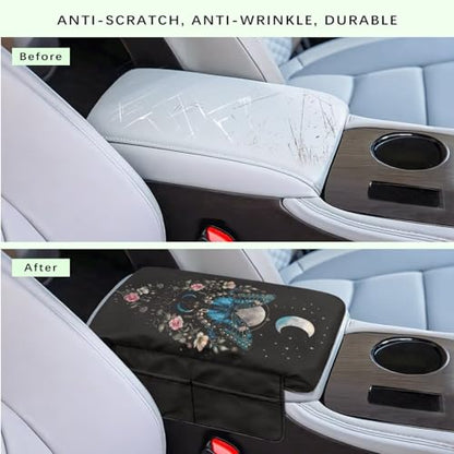Butterfly Flower Moon Black Car Center Console Cover Comfortable Armrest Box Mat Hand Rest Pillow for Car Seat Organizer Arm Rest Cushion Protective Cover Car Interior Decor (Butterfly Flower Moon Black)