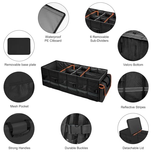 Car Trunk Organizer and Storage with Lid & Removable Leakproof Cooler Bag (Black / Large)