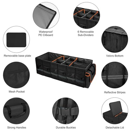 Car Trunk Organizer and Storage with Lid & Removable Leakproof Cooler Bag (Black / Large)