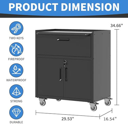 Metal Storage Cabinet for Garage (Black / M - 1 Drawer & 2 Doors (Wheeled))