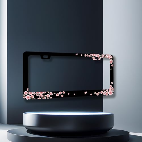 Stainless Steel Beautiful Cherry Blossom License Plate Frame 12.2 x 6.2Inch (Pretty Cherry Blossom)