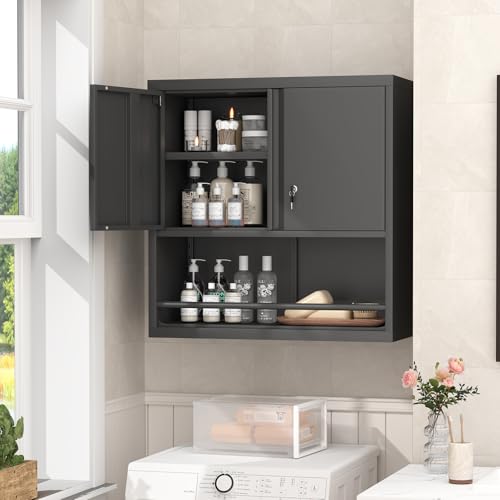 Locking Metal Garage Wall Cabinet with Doors and Shelf (Black / 31"H)
