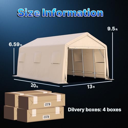 13x20 ft Carport 2 Roll up Doors & Vents Outdoor Portable Storage Shelter Garage Tent for Vehicle Boat Truck Anti (Beige / 13'x20')