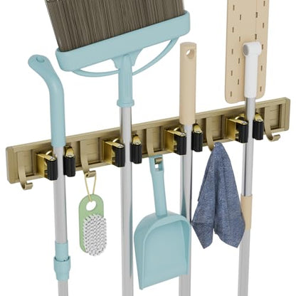 Broom Holder Wall Mount Mop Hanger Tools organizer 4Racks 5Hooks (Bronze)