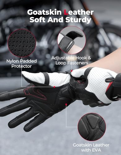 Sheepskin Leather Motorcycle Gloves for Men (White / Large)