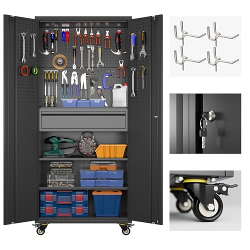 71"H Garage Storage Cabinet with Wheels (Black / 15"D x 30"W x 71"H)