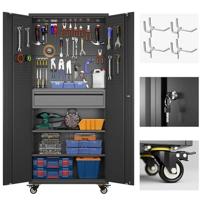 71 Inch Garage Storage Cabinet with Drawer (Black / 15"D x 30"W x 71"H)