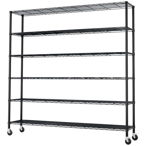 6 Tier Metal Storage Shelves 84''H Wire Shelving with Wheels for Storage Adjustable Heavy Duty Garage Shelving Storage Racks for Pantry Shelves Kitchen Office Garage (Black / 59"W × 17.7"D × 83.8"H)