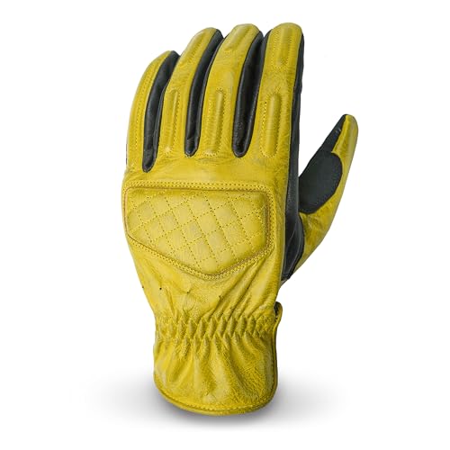 Leather Motorcycle Gloves for Men with Soft Polyester Lining Bike Riding Gloves with Grip Patches on Palm and Accordion Panels on Fingers and Cuff (Medium / Diamond Yellow/Black)