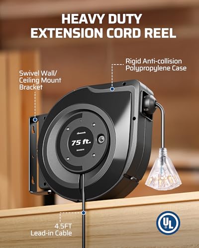 75FT Retractable Extension Cord Reel (Black)
