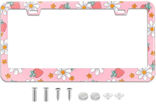 Pink Strawberry Floral License Plate Frame Stainless Steel License Plate Frames Holder Covers Rust (Pink strawberry floral)