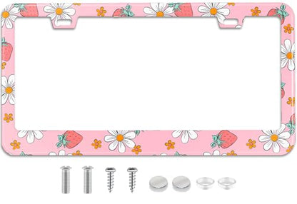 Pink Strawberry Floral License Plate Frame Stainless Steel License Plate Frames Holder Covers Rust (Pink strawberry floral)