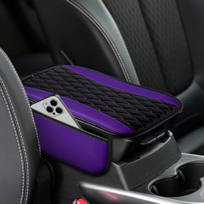 Leather Car Center Console Cover with Side Storage Pockets (BlackPurple)