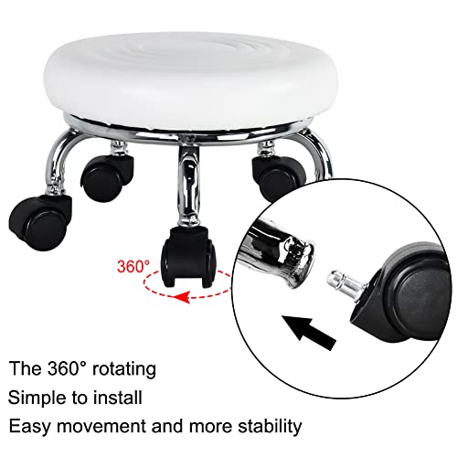 Roller Seat PU Leather Foot Stool Low Rolling Stool 360° Round Step Stool (White)