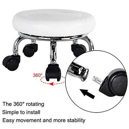 Roller Seat PU Leather Foot Stool Low Rolling Stool 360° Round Step Stool (White)
