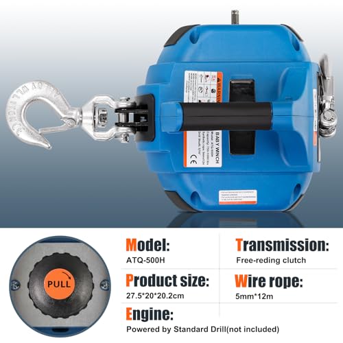 Portable Drill Winch of 1000 LB (1000 lb. Capacity Synthetic Rope（Blue）)