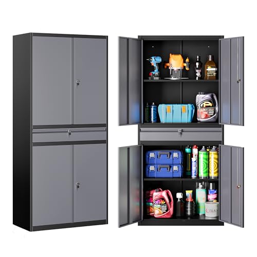 Metal Storage Cabinet with Doors and Shelves (71"H x 31.5"W x 16"D / Black Gray)