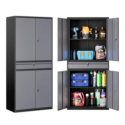 Metal Storage Cabinet with Doors and Shelves (71"H x 31.5"W x 16"D / Black Gray)
