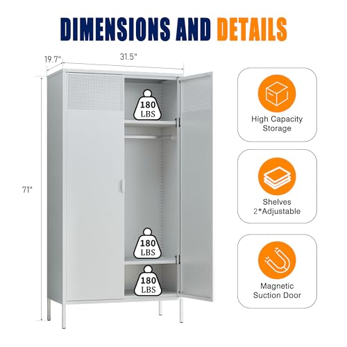 Metal Storage Cabinets Locker with Hanging Rod and Adjustable Shelves (White / 71''H-Wardrobe)