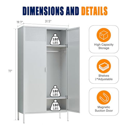 Metal Storage Cabinets Locker with Hanging Rod and Adjustable Shelves (White / 71''H-Wardrobe)